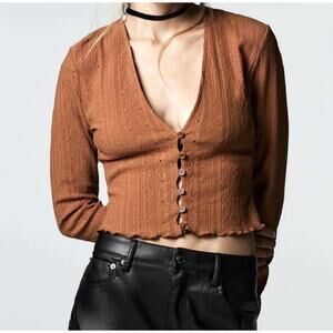 Zara pointelle knit cropped cardigan Top M brown front button closure Boho Chic